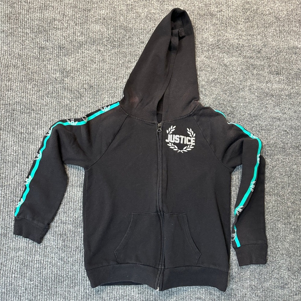 Justice Active Full-Zip Hoodie 12 Black Teal Logo Tape Sleeves